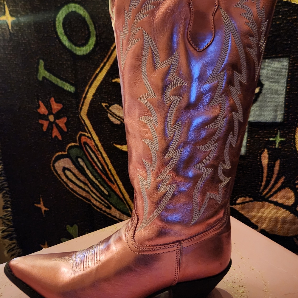 Southern Fried Chics. Elegant Metallic Pink Heeled Boots (Dolly)